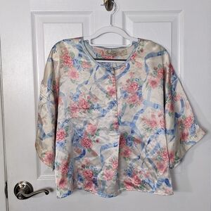 Vintage J.O. Intimates Luxury Floral Satin Pajama Top Size‎ Medium *FLAWED*